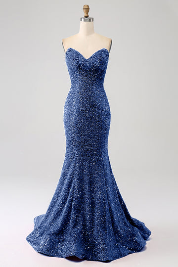 Navy Sweetheart Neck Sequined Mermaid Prom Dress With Sweep Train